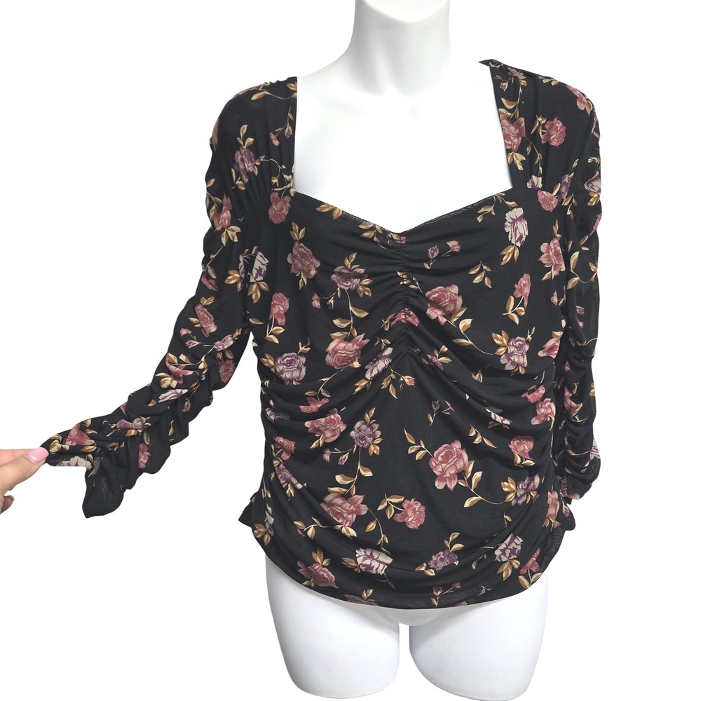 Torrid Black Floral Mesh Ruched Sweetheart Neck Top Size 00 Gothic Dark Romantic
